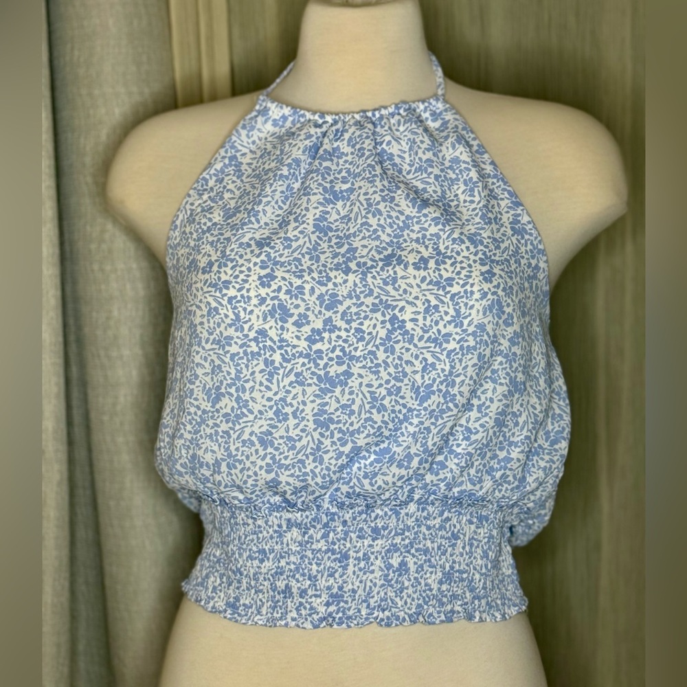 Sienna Sky Blue and White Smocked Crop Tank